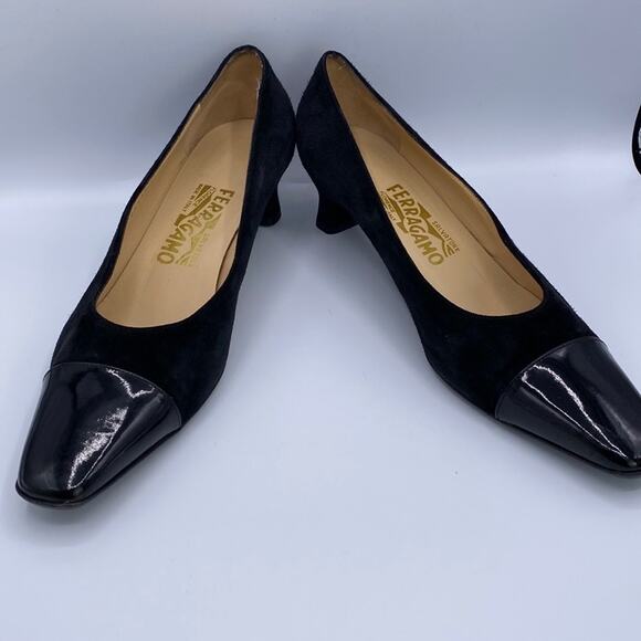 Salvatore Ferragamo Black Suede Patent Cap Square Toe Kitten Heel Pump 8 1/2 B - Picture 4 of 10